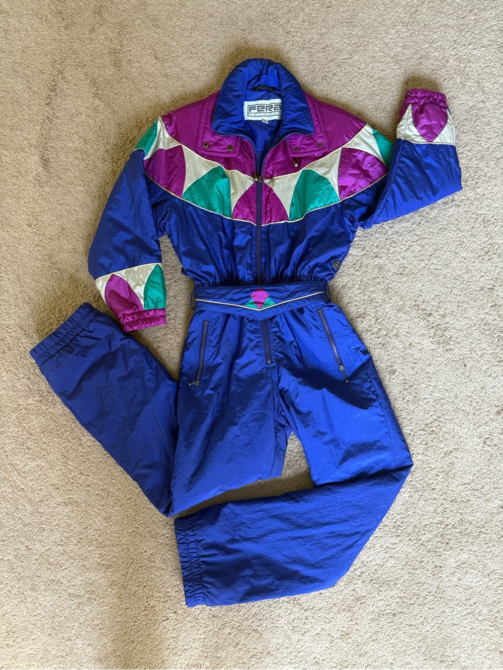 Fera Skiwear Vintage Women’s Royal Blue Ski Suit with Teal & Magenta Accents